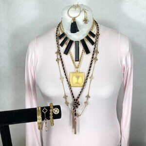 Gold Tone and Black Jewelry Lot  Bracelets, Earrings & GUESS Long Rope Necklace